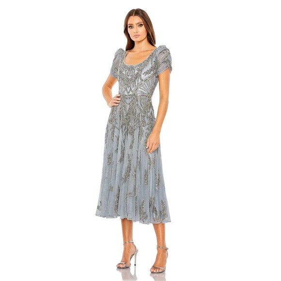 Mac Duggal Gray Embellished Midi Dress